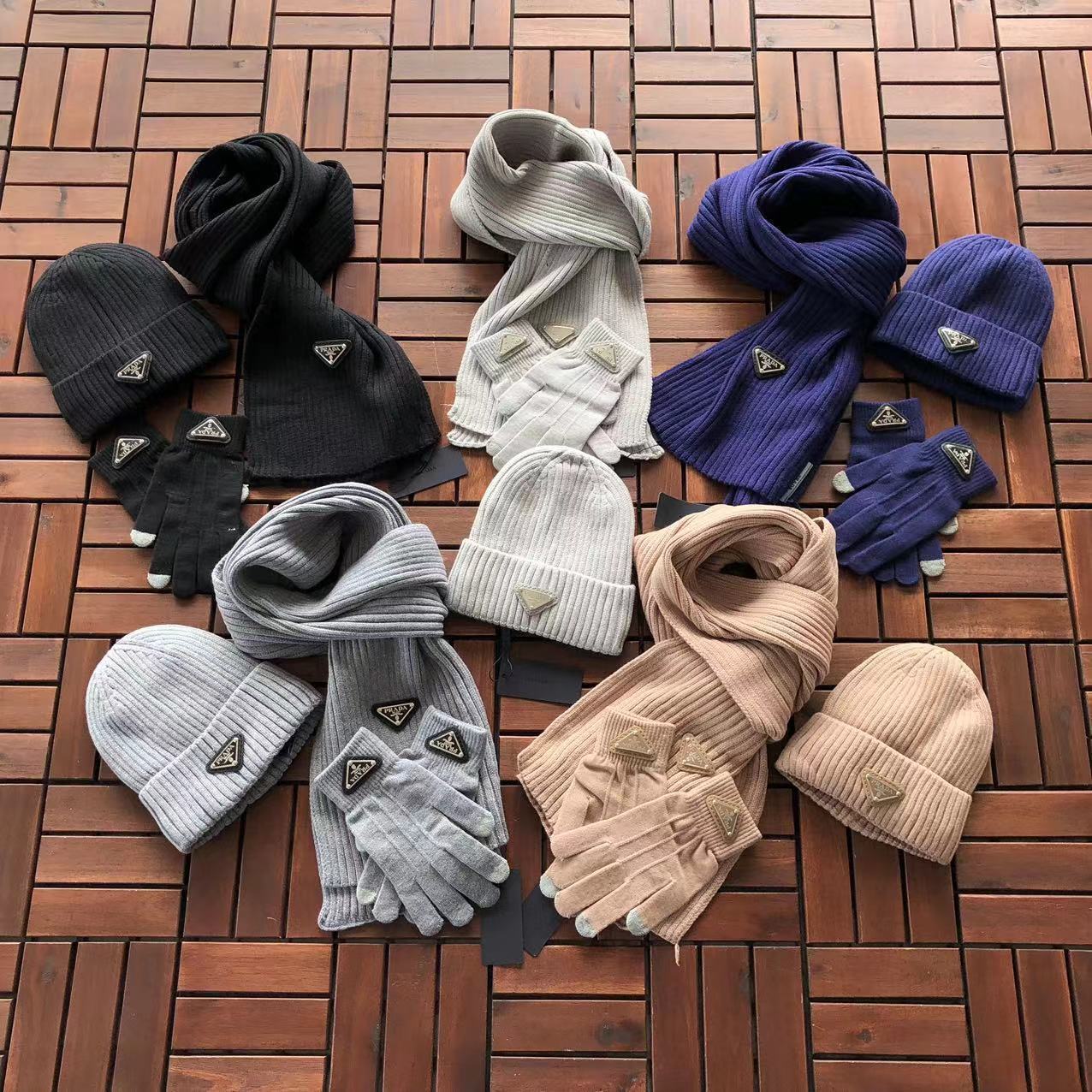 Prada ribbed-knit wool and cashmere Scarf, Hat and Gloves